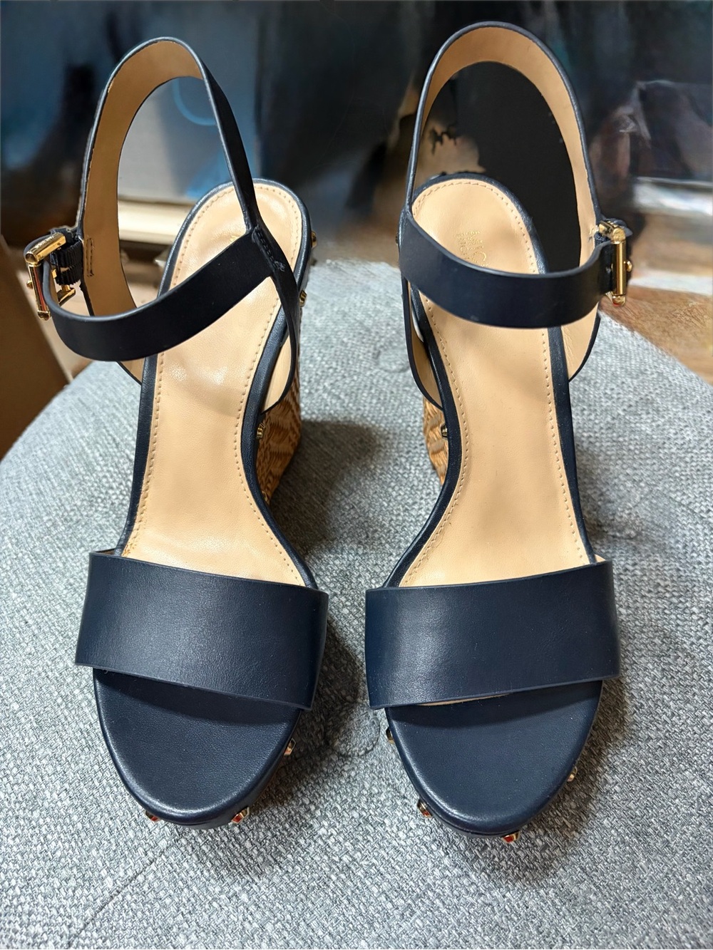 Michael Kors Navy Leather Wedge Sandals with Cork Heel